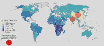 Missing female births around the world during 1970--2017 (see [PNAS Fig.3](https://www.fengqingchao.com/files/1908359116.full.paper.pdf))